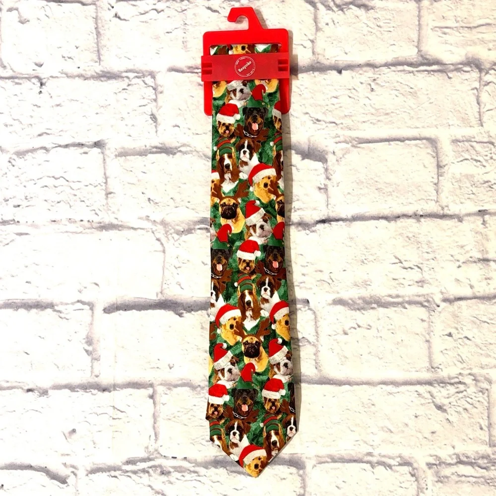 Bespoke Christmas Dogs Holiday Tie Green Christmas Puppies with Santa Hats NWT